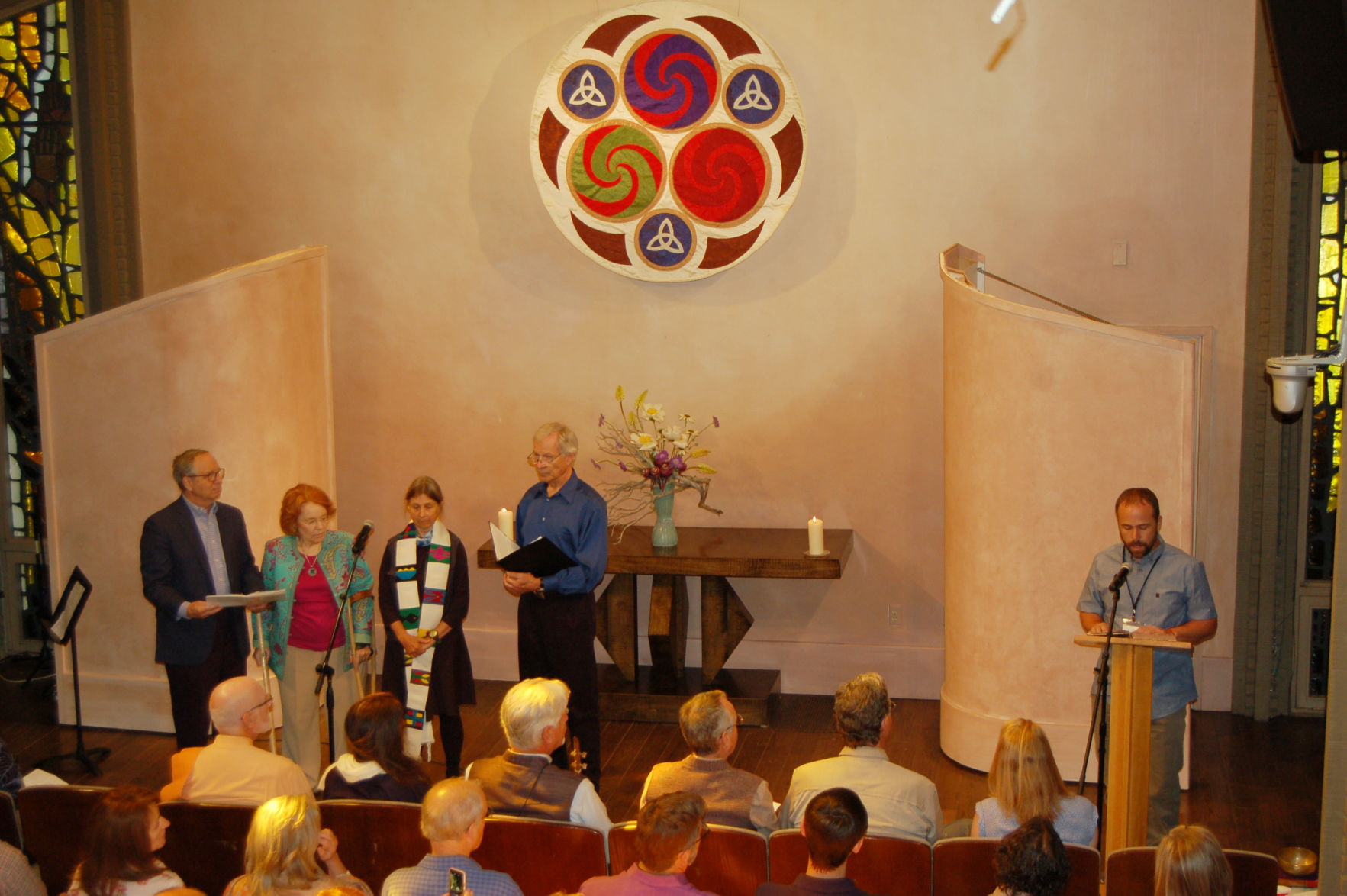 Erik Keeney (right) addresses the Aspen Chapel gathering.JPG